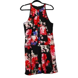 Guess dress Brook sleeveless halter floral black red fit and flare Midi